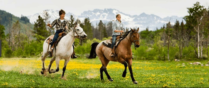 Confident plus-size woman riding Cookham a horse through a field with a smile on her face.